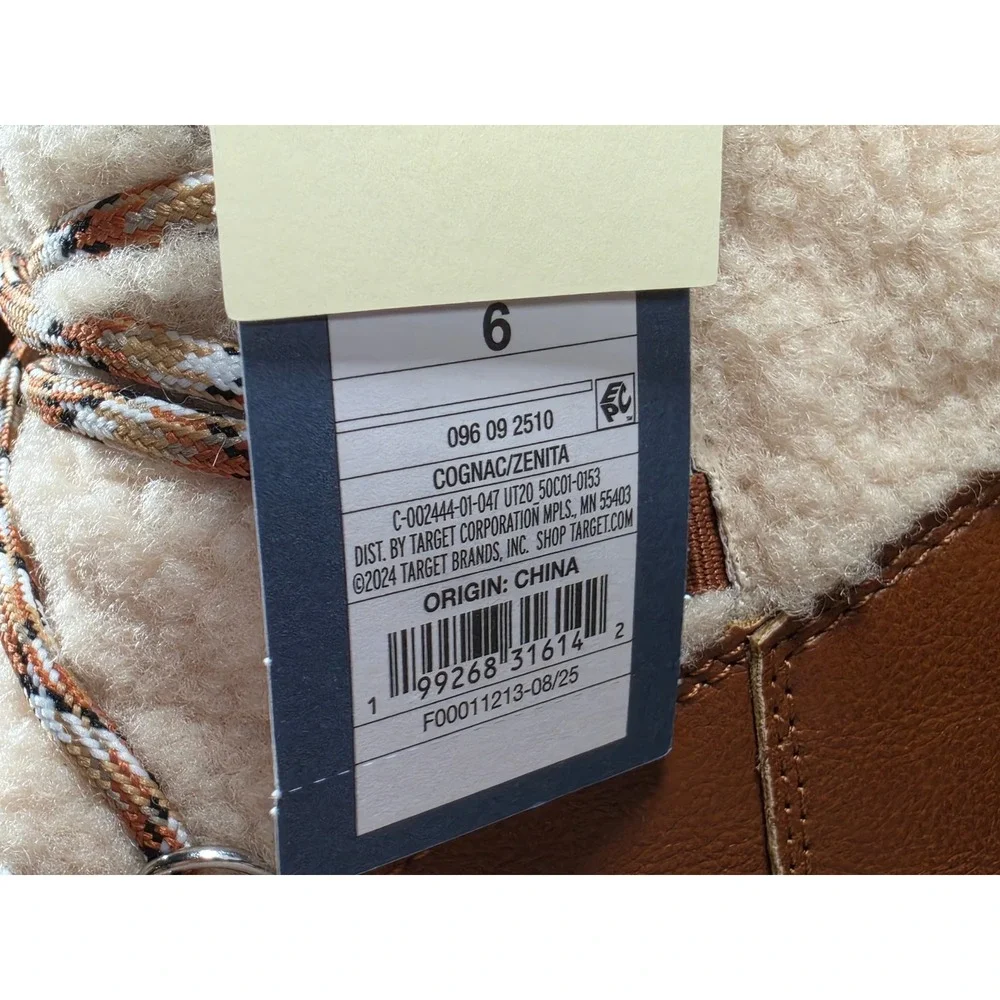 Universal Thread Zenita Water Repellent Faux Shearling Moon Boots Cognac Brown 6